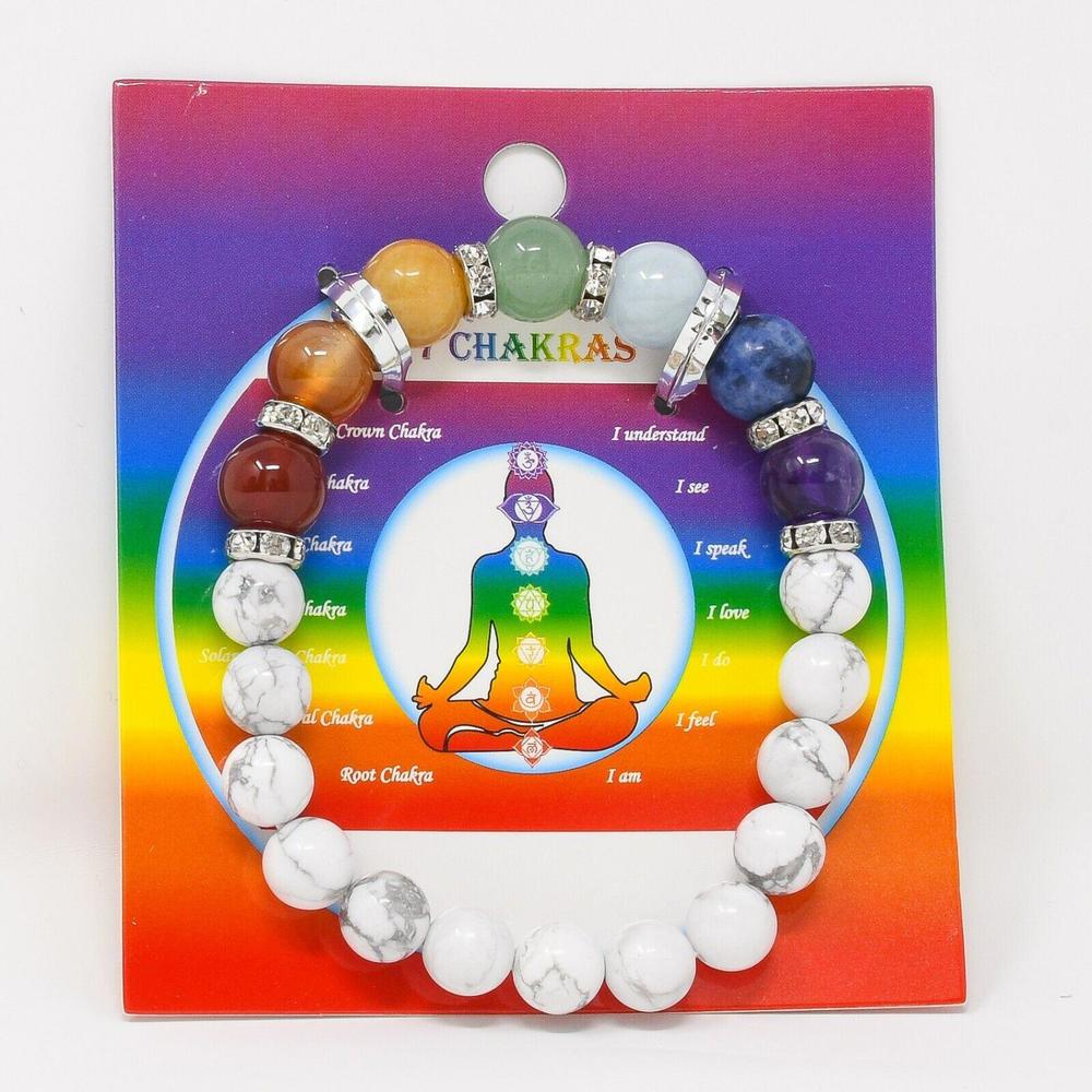 Howlite Seven Chakra Charm Bracelet Womens White Beads w/ Silver Tone NW